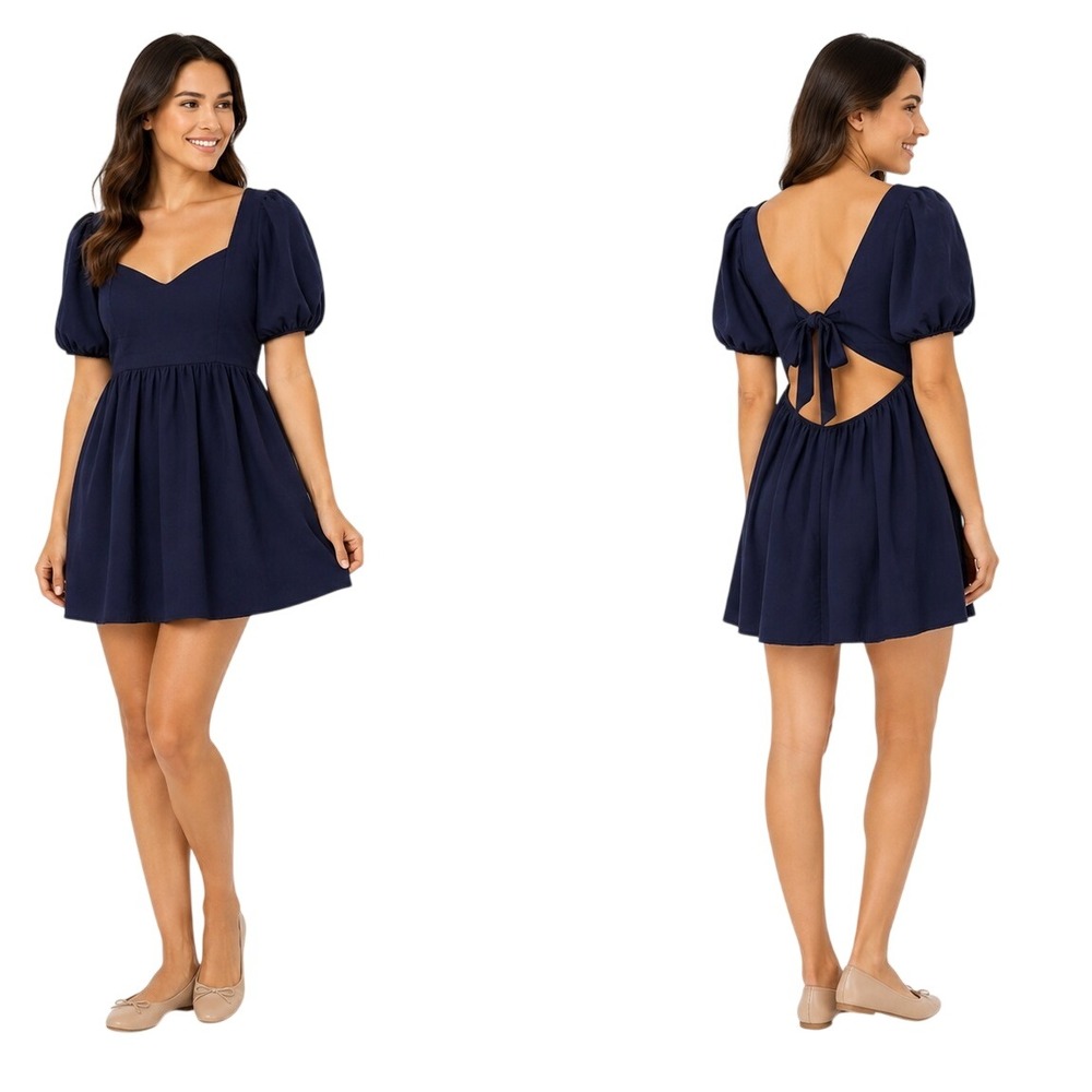 Altar'd State Mini Dress Women Size L Navy Blue Boho Cutout Puff Sleeve